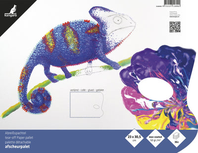 Palette détachable Kangaro - 23x30cm - 36 feuilles - 50 grammes avec revêtement en cire - pour toutes les peintures - collée sur 3 faces avec trou pour le pouce - k-830150