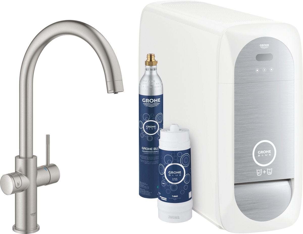 Robinet de cuisine Grohe blue home duo - avec Bluetooth et WiFi - kit de démarrage - bec en C - acier inoxydable - pour eau purifiée, réfrigérée et gazeuse