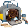 Petit chien de câlins avec un sac de transport et un ensemble de soins