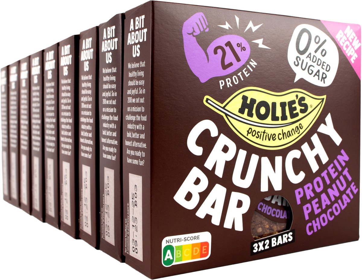 Holie's crunchy bar protéines cacahuètes chocolat 3x2 barres - protéines - barre - sans sucre - saine - végétalienne - paquet de 9