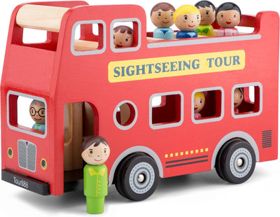 Woet ® bus urbain en bois - bus à deux étages avec chauffeur et 8 passagers - véhicule jouet avec figurines - jouets de jeu de rôle - à partir de 18 mois
