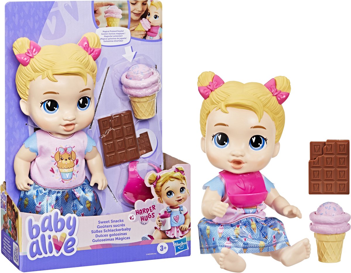 Baby Alive Sweet Snacks Harper Huss, poupée avec accessoires d'alimentation - cheveux blonds - 28 cm