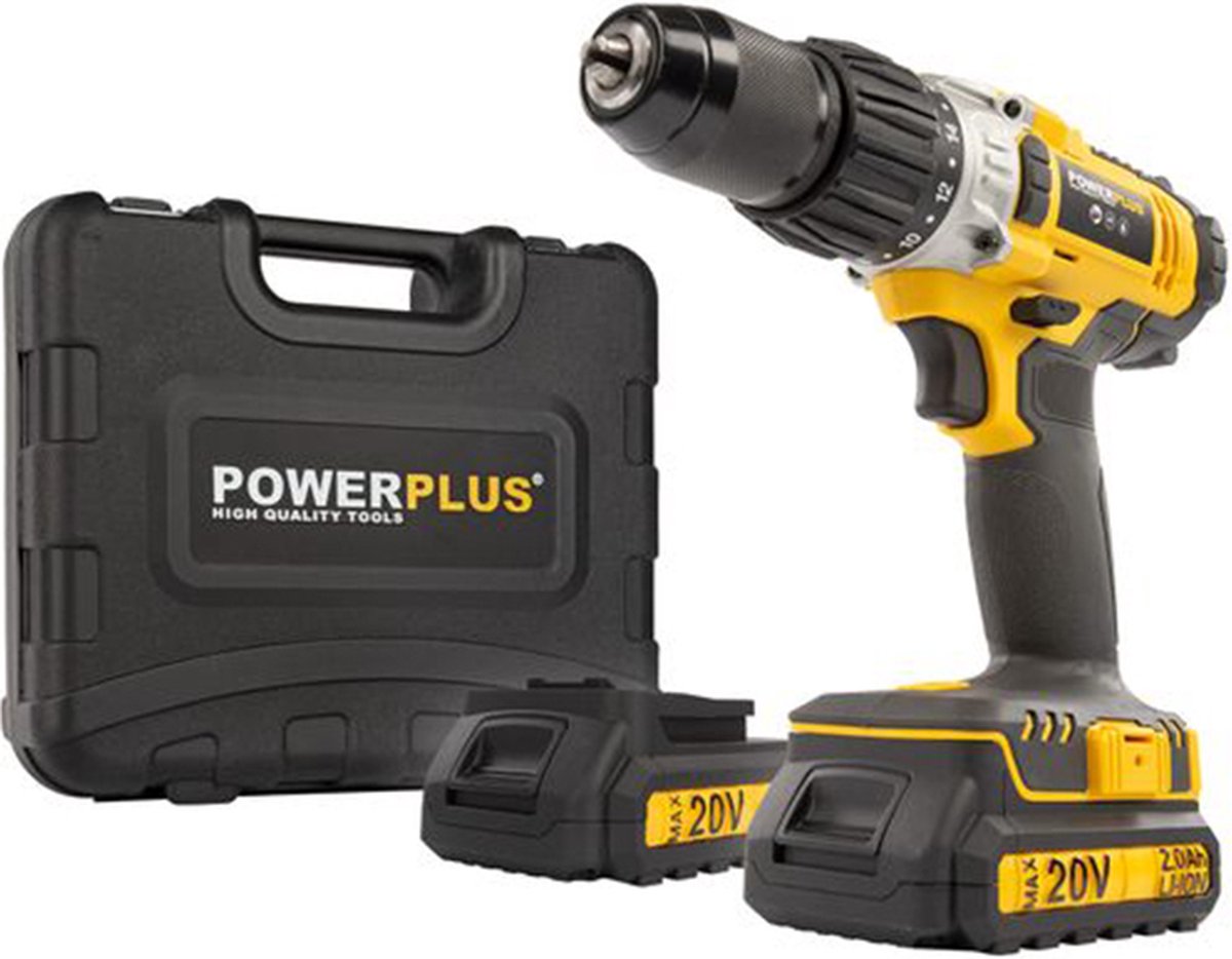 Perceuse à percussion sans fil Powerplus powx00445 - 20v - incl. 2 batteries et chargeur 2,0 Ah - vitesse variable - mandrin métallique sans clé - perceuse pour béton, bois et acier
