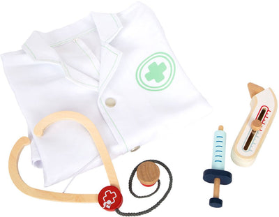 Veste de petit médecin avec accessoires en bois, 4dlg.