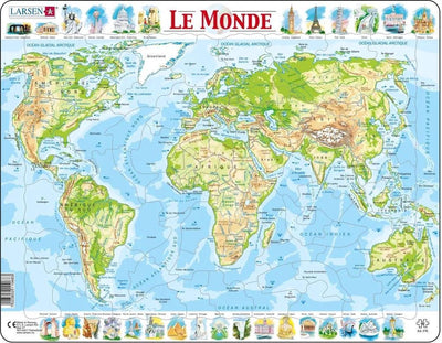 Larsen carte topographique du monde – puzzle – monde – géographie physique – puzzle éducatif pour enfants – 80 pièces – fabriqué en norvège – pièces extra épaisses de 2.5 mm – plateau avec plaque fixe