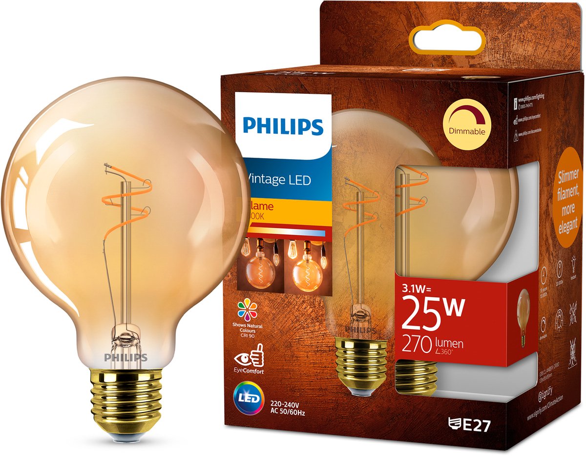 Philips LED globe spirale doré - 25 W - E27 - lumière blanc très chaud dimmable