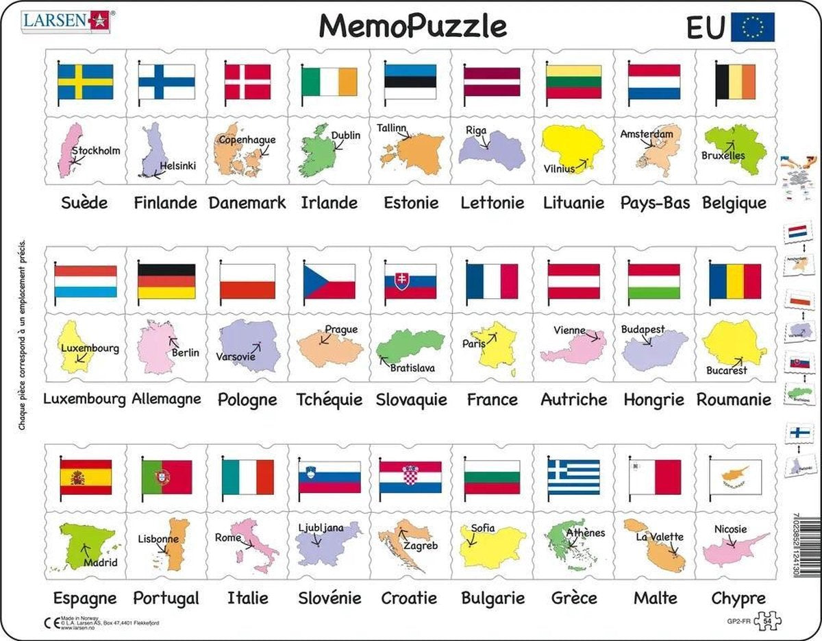 Larsen drapeaux et capitales de l'union européenne – puzzle mémo – union européenne – drapeaux et capitales – puzzle éducatif pour enfants – 54 pièces – fabriqué en norvège – pièces extra épaisses de 2.5 mm – plateau avec bord fixe