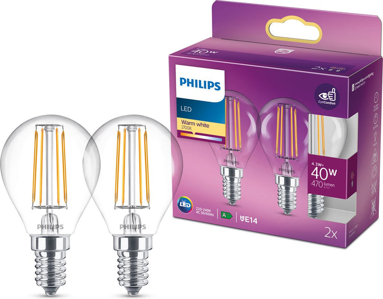 Lampe LED Philips - lampe boule avec culot E14 - lumière blanc chaud : 2700k - 40w - verre transparent - pack de 2