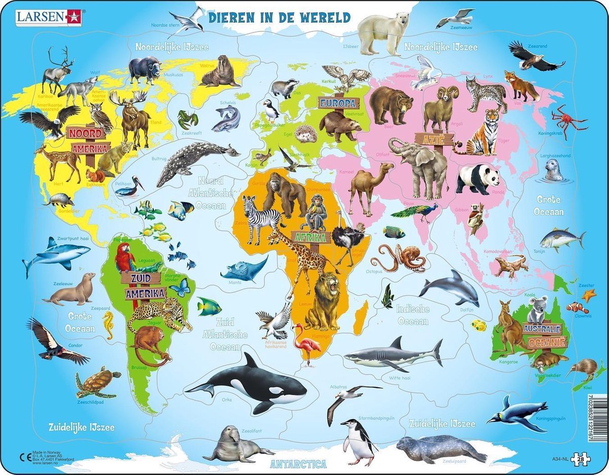 Larsen animaux dans le monde - puzzle - cartes géographie - monde avec animaux - puzzle éducatif pour enfants - 28 pièces - fabriqué en Norvège - pièces extra épaisses de 2,5 mm - plateau avec bord fixe
