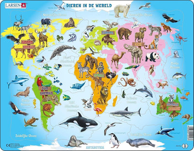 Larsen animaux dans le monde - puzzle - cartes géographie - monde avec animaux - puzzle éducatif pour enfants - 28 pièces - fabriqué en Norvège - pièces extra épaisses de 2,5 mm - plateau avec bord fixe
