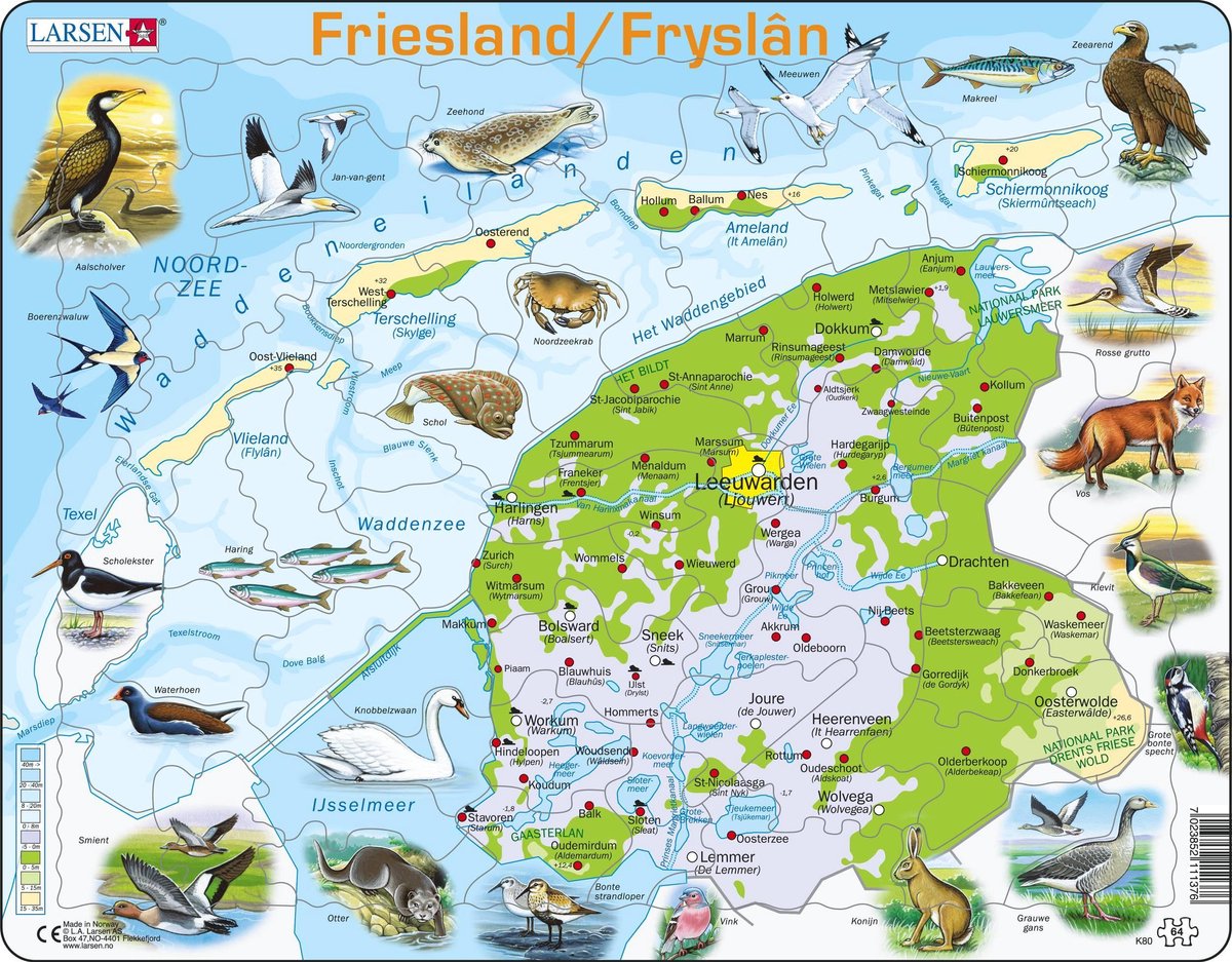 Larsen Friesland géographique avec animaux – puzzle – cartes géographie – Pays-Bas – puzzle éducatif pour enfants – 64 pièces – fabriqué en Norvège – pièces extra épaisses de 2,5 mm – plateau avec bord fixe