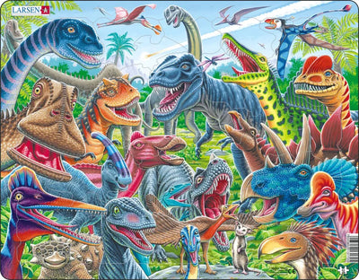 Larsen Happy Dinosaurs - Puzzle - Animaux - Préhistoire - Puzzle éducatif pour enfants - 43 pièces - Fabriqué en Norvège - Pièces extra épaisses de 2,5 mm - Plateau avec bord fixe
