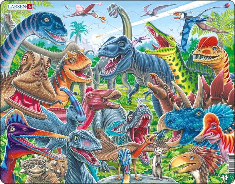 Larsen Happy Dinosaurs - Puzzle - Animaux - Préhistoire - Puzzle éducatif pour enfants - 43 pièces - Fabriqué en Norvège - Pièces extra épaisses de 2,5 mm - Plateau avec bord fixe