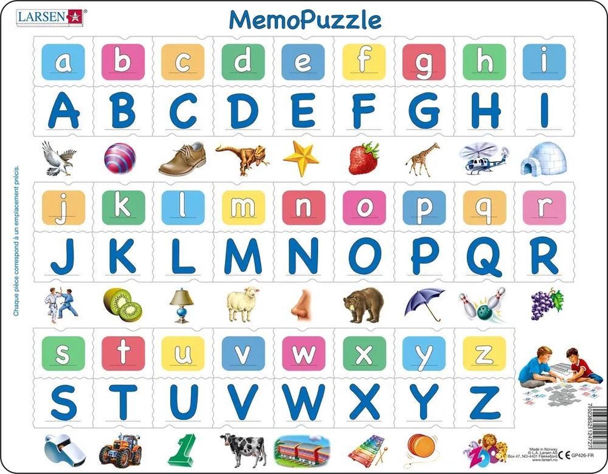 Larsen alphabet majuscules et minuscules – puzzle mémo – alphabet – lettres majuscules et minuscules – puzzle éducatif pour enfants – 52 pièces – fabriqué en Norvège – pièces extra épaisses de 2.5 mm – plateau avec bord fixe