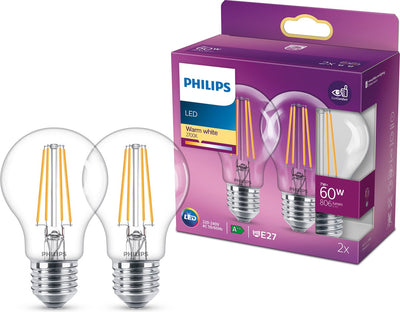 Lampe LED Philips - forme de lampe standard avec culot E27 - lumière blanc chaud : 2700k - 60w - verre transparent - pack de 2