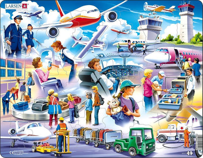 Larsen l'aéroport - puzzle - technologie automobile - aviation - puzzle éducatif pour enfants - 42 pièces - fabriqué en Norvège - pièces extra épaisses de 2,5 mm - plateau avec bord fixe