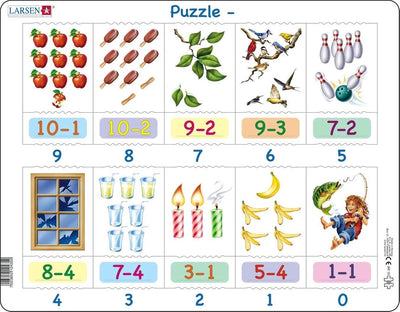 Soustraction Larsen - Puzzle - Apprendre à compter - Soustraction - Puzzle éducatif pour enfants - 20 pièces - Fabriqué en Norvège - Pièces extra épaisses de 2,5 mm - Plateau à bord fixe