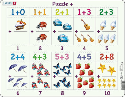 Larsen ajoutant à 10 avec images - puzzle - apprendre à compter - addition - puzzle éducatif pour enfants - 20 pièces - fabriqué en Norvège - pièces extra épaisses de 2,5 mm - plateau avec bord fixe