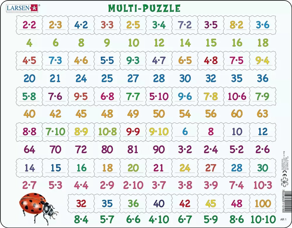 Multiplication Larsen - Puzzle - Apprendre à compter - Multiplication - Puzzle éducatif pour enfants - 58 pièces - Fabriqué en Norvège - Pièces extra épaisses de 2,5 mm - Plateau à bord fixe