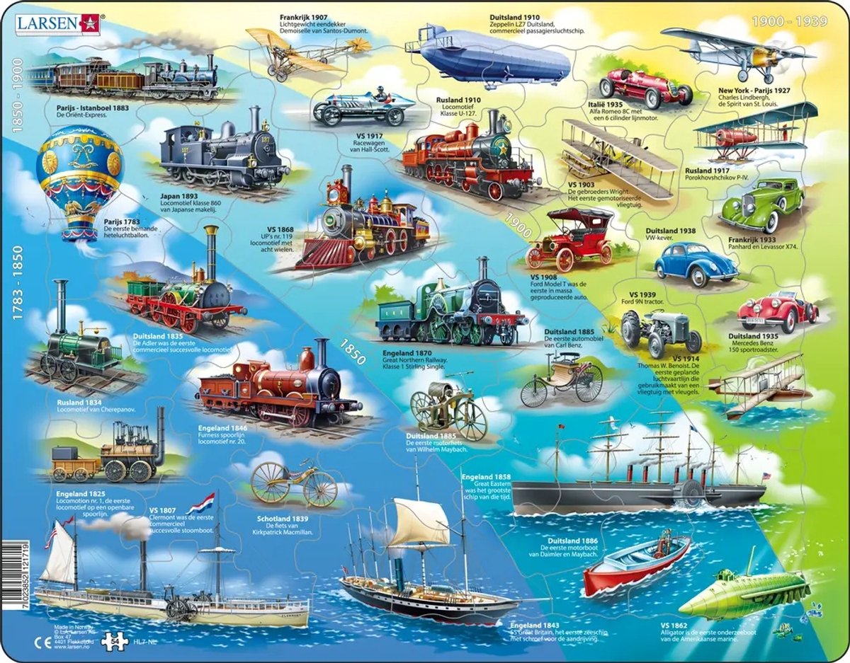 Véhicules historiques Larsen – Puzzle – Technologie des véhicules – Véhicules historiques – Puzzle éducatif pour enfants – 54 pièces – Fabriqué en Norvège – Pièces extra épaisses de 2,5 mm – Plateau avec bord fixe