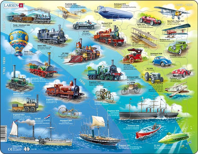 Véhicules historiques Larsen – Puzzle – Technologie des véhicules – Véhicules historiques – Puzzle éducatif pour enfants – 54 pièces – Fabriqué en Norvège – Pièces extra épaisses de 2,5 mm – Plateau avec bord fixe