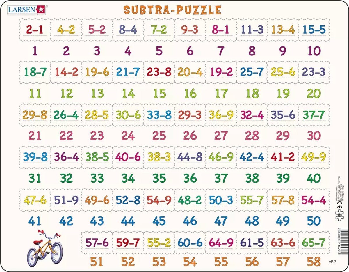 Soustraction Larsen avec images - Puzzle - Apprendre à compter - Soustraction - Puzzle éducatif pour enfants - 58 pièces - Fabriqué en Norvège - Pièces extra épaisses de 2,5 mm - Plateau à bord fixe