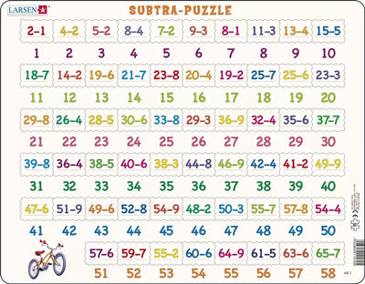 Soustraction Larsen avec images - Puzzle - Apprendre à compter - Soustraction - Puzzle éducatif pour enfants - 58 pièces - Fabriqué en Norvège - Pièces extra épaisses de 2,5 mm - Plateau à bord fixe