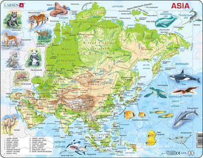 Larsen Asie géographique avec animaux – puzzle – cartes géographie – Asie – puzzle éducatif pour enfants – 63 pièces – fabriqué en Norvège – pièces extra épaisses de 2,5 mm – plateau avec bord fixe