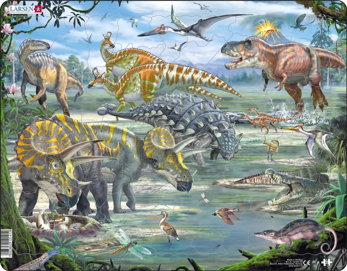 Dinosaures Larsen du Crétacé - puzzle - animaux - préhistoire - puzzle éducatif pour enfants - 65 pièces - fabriqué en Norvège - pièces extra épaisses de 2,5 mm - plateau à bord fixe