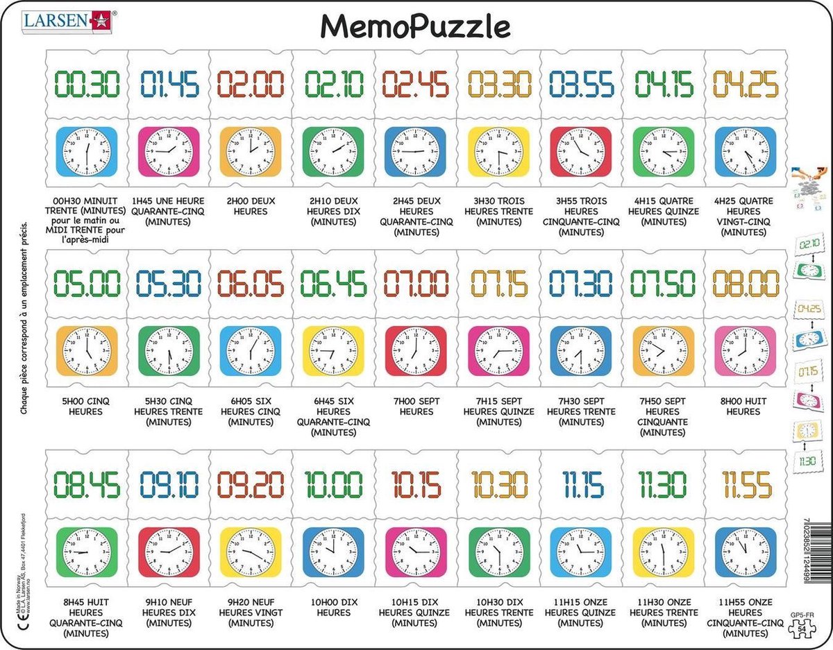 Larsen apprendre l'heure – puzzle mémo – montre – lecture de l'heure – puzzle éducatif pour enfants – 54 pièces – fabriqué en norvège – pièces extra épaisses de 2.5 mm – plateau avec bord fixe