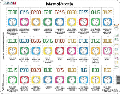 Larsen apprendre l'heure – puzzle mémo – montre – lecture de l'heure – puzzle éducatif pour enfants – 54 pièces – fabriqué en norvège – pièces extra épaisses de 2.5 mm – plateau avec bord fixe