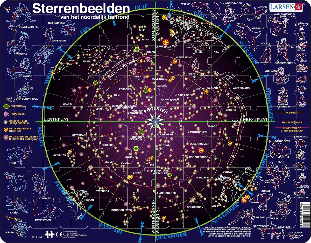 Constellations de Larsen – puzzle – sciences spatiales – astronomie – puzzle éducatif pour enfants – 70 pièces – fabriqué en Norvège – pièces extra épaisses de 2,5 mm – plateau avec bord fixe