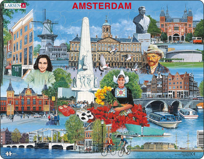 Larsen Amsterdam points forts touristiques – puzzle – cartes géographie – Pays-Bas – puzzle éducatif pour enfants – 66 pièces – fabriqué en Norvège – pièces extra épaisses de 2,5 mm – plateau avec bord fixe