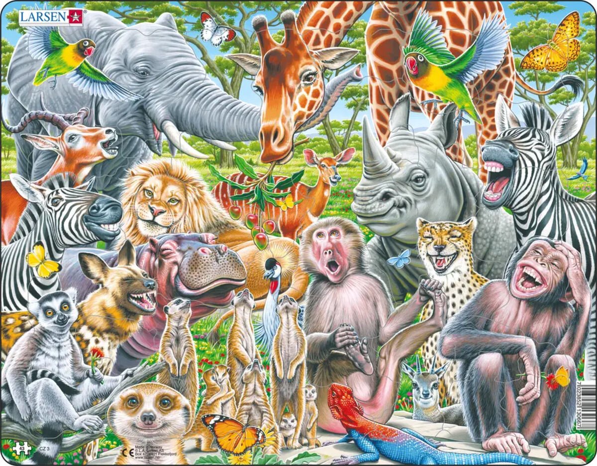 Larsen Happy African Animals – Puzzle – Animaux – Afrique – Puzzle éducatif pour enfants – 43 pièces – Fabriqué en Norvège – Pièces extra épaisses de 2,5 mm – Plateau avec bord fixe