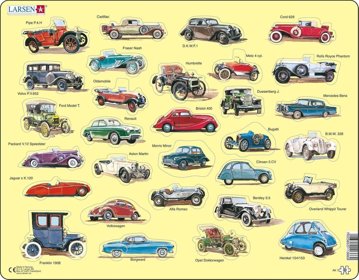 Larsen Classic Car Cars – Puzzle – Technologie des véhicules – Voitures anciennes – Puzzle éducatif pour enfants – 30 pièces – Fabriqué en Norvège – Pièces extra épaisses de 2,5 mm – Plateau avec bord fixe