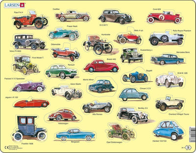 Larsen Classic Car Cars – Puzzle – Technologie des véhicules – Voitures anciennes – Puzzle éducatif pour enfants – 30 pièces – Fabriqué en Norvège – Pièces extra épaisses de 2,5 mm – Plateau avec bord fixe