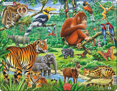 Larsen dans la jungle – puzzle – animaux – jungle – puzzle éducatif pour enfants – 20 pièces – fabriqué en Norvège – pièces extra épaisses de 2,5 mm – plateau avec bord fixe