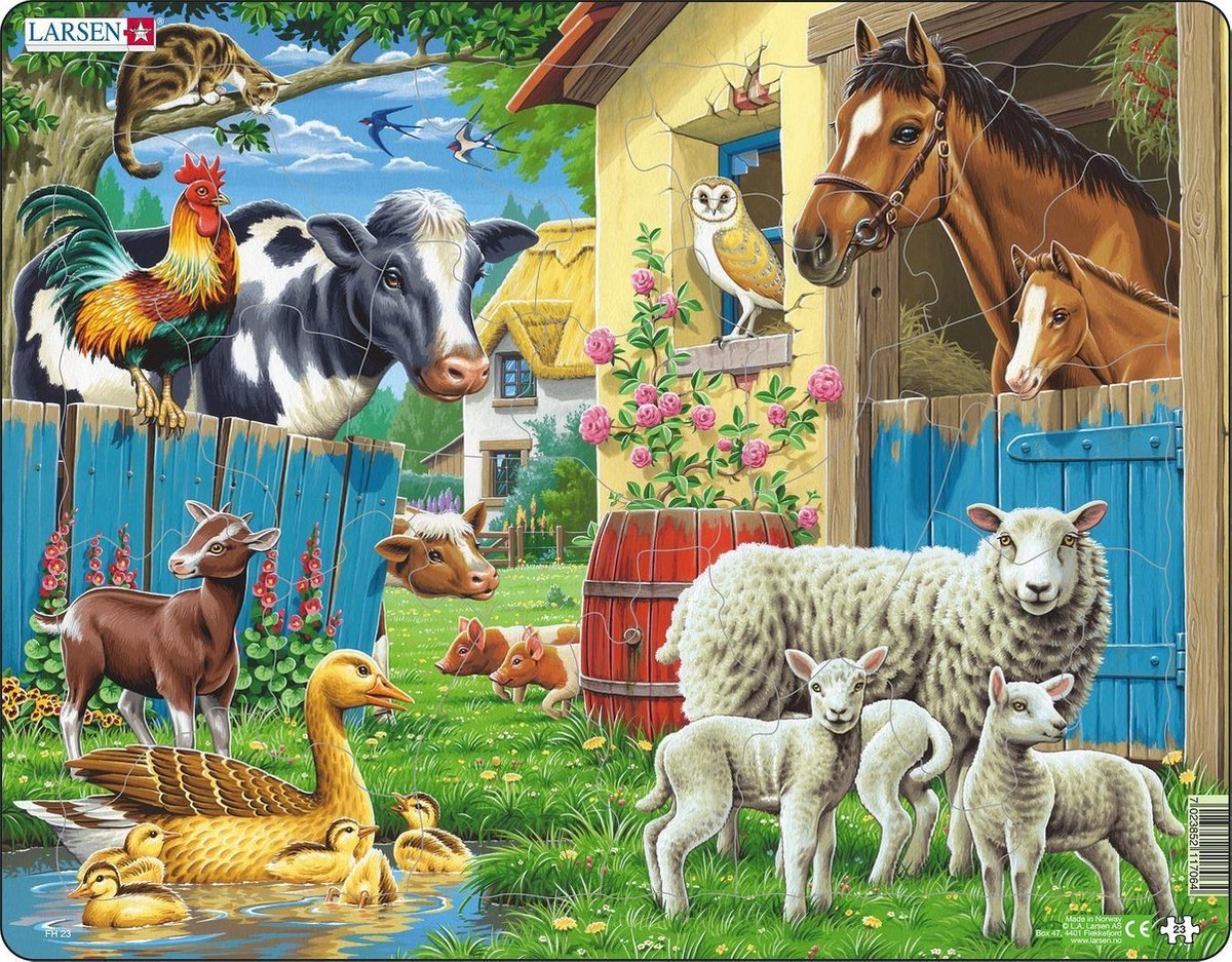 Animaux de la ferme Larsen – puzzle – animaux – ferme – puzzle éducatif pour enfants – 23 pièces – fabriqué en Norvège – pièces extra épaisses de 2,5 mm – plateau avec bord fixe