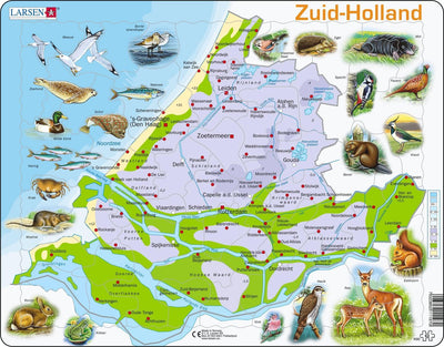 Larsen Hollande méridionale avec animaux – puzzle – cartes géographiques – Pays-Bas – puzzle éducatif pour enfants – 62 pièces – fabriqué en Norvège – pièces extra épaisses de 2,5 mm – plateau avec bord fixe