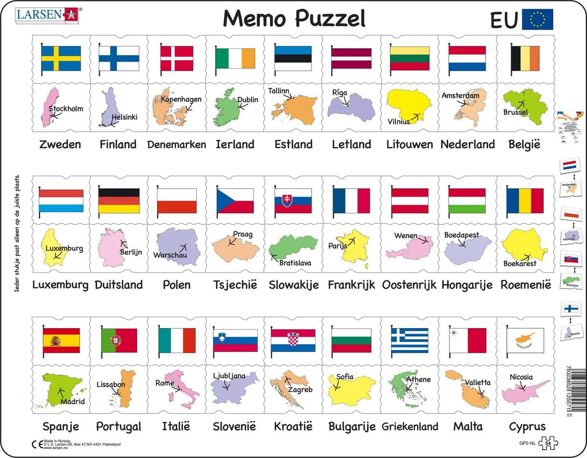 Noms de Larsen, drapeaux et capitales des 27 États membres de l'UE - puzzle - cartes géographiques - Union européenne - puzzle éducatif pour enfants - 54 pièces - fabriqué en Norvège - pièces extra épaisses de 2,5 mm - plateau avec bord fixe