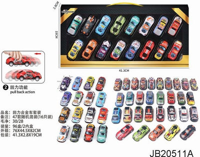 Voiture rétractable Amuuso (moulée sous pression) 16 voitures (boîte 41,30x19x2,8cm).