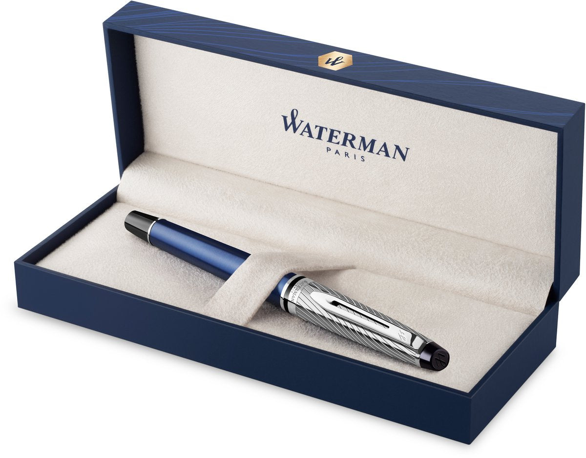 Waterman expert deluxe, stylo plume, laque métallisée et bleue avec détails palladiés, plume fine avec palladium