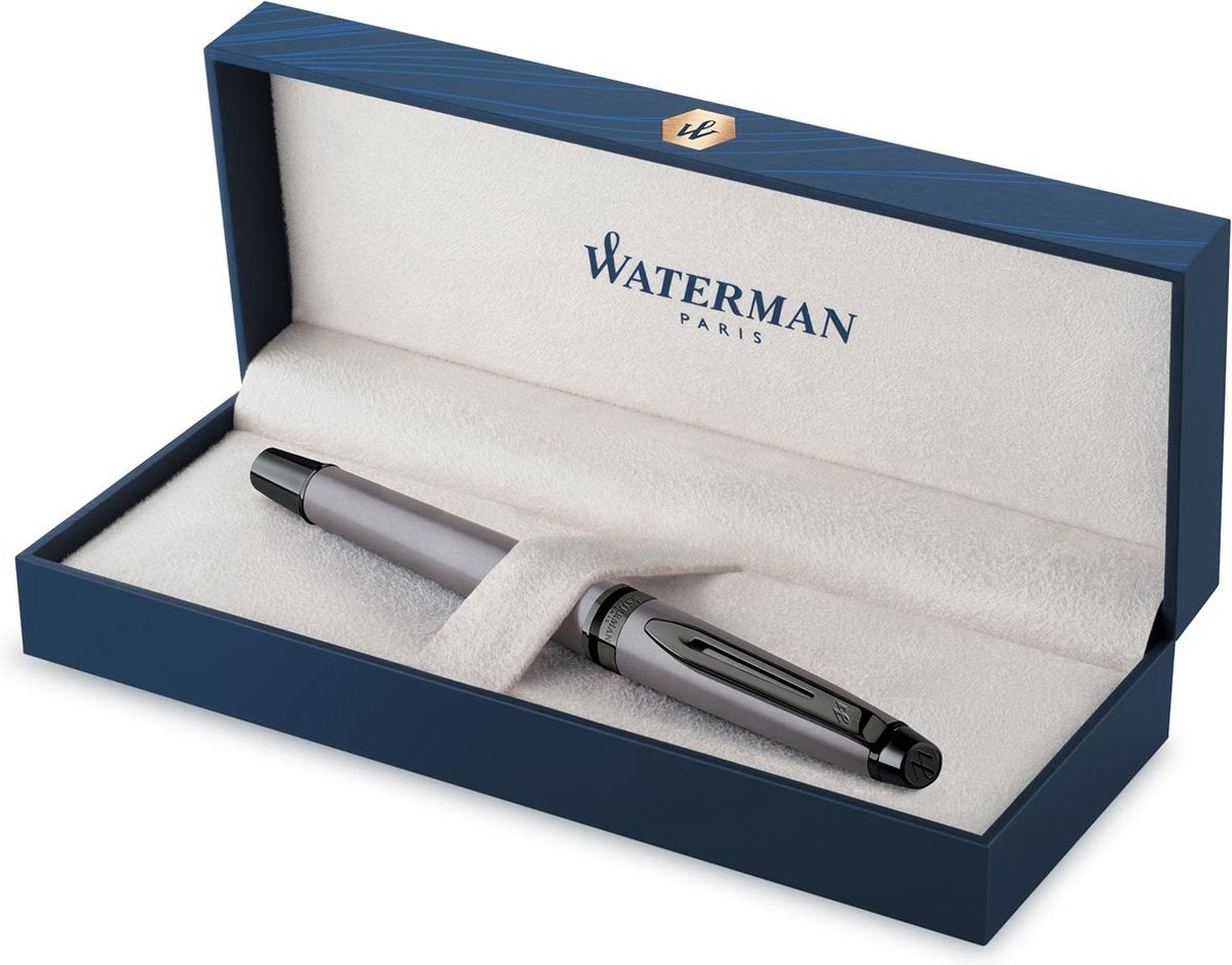 Stylo roller expert Waterman | peinture argent métallisé avec détails en ruthénium | point fin | encre noire | avec emballage cadeau