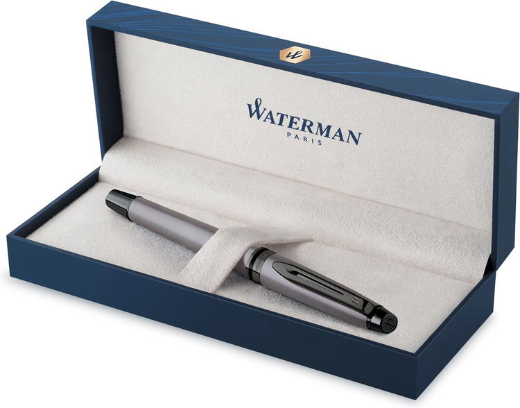 Stylo roller expert Waterman | peinture argent métallisé avec détails en ruthénium | point fin | encre noire | avec emballage cadeau