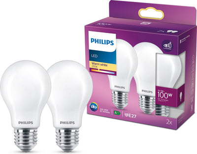 Lampe à économie d'énergie LED Philips mate - 100 W - E27 - lumière blanc chaud - 2 pièces - économisez sur les coûts énergétiques