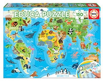 Puzzle Educa Borras - 150 pièces - carte du monde avec animaux - puzzle educa