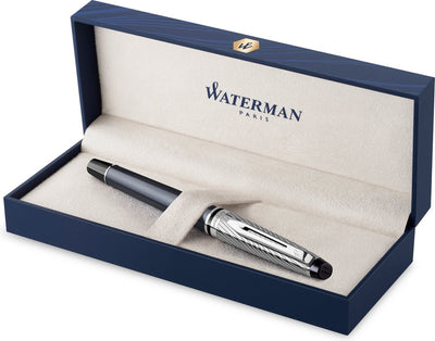 Stylo plume de luxe Waterman Expert | peinture gris métallisé avec détails recouverts de palladium | plume fine en palladium avec encre bleue | emballage cadeau
