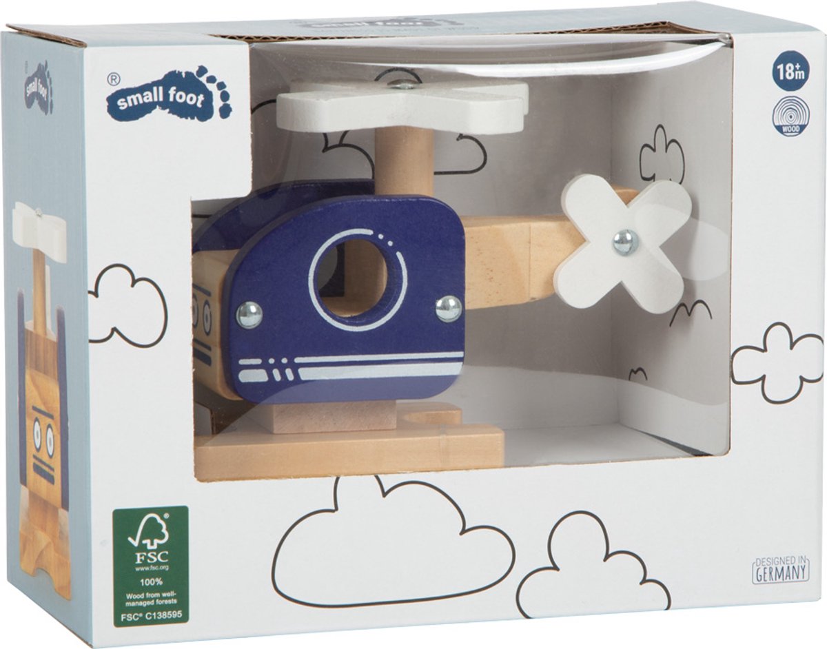 Petit hélicoptère en bois de pied bleu