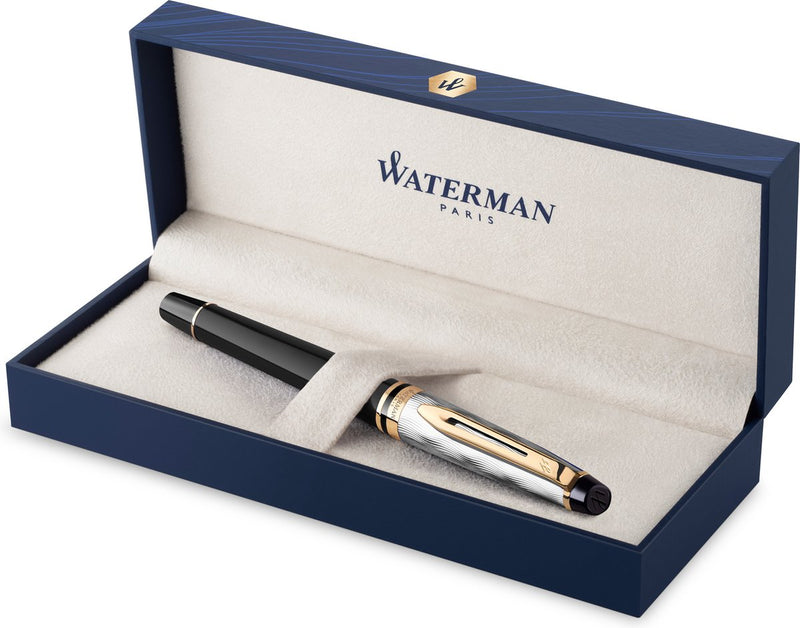 Stylo plume expert Waterman | métal et laque noire avec détail doré et capuchon ciselé | plume moyenne en acier inoxydable | avec coffret cadeau