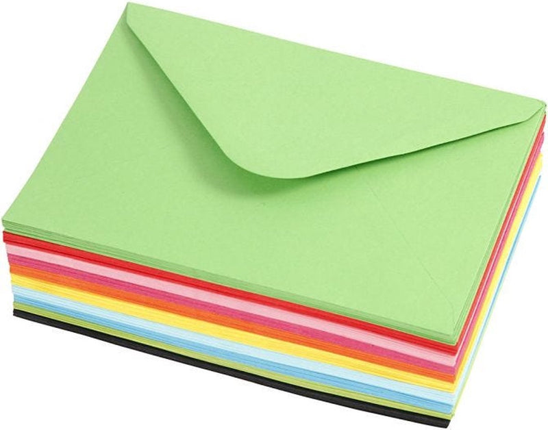 Enveloppes colorées de la société Creativ, format enveloppe 11,5x16 cm, 80 gr, différentes couleurs, 10x10 pièces 1 boîte